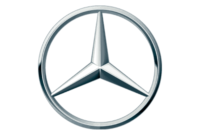 A silver three-pointed star enclosed in a circle, representing the Mercedes-Benz logo, on a grey background.