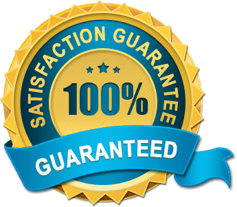 A gold seal with a blue ribbon shows "100% Satisfaction Guarantee" and "Guaranteed" written on it, indicating a promise of complete satisfaction.