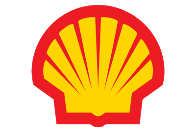 Yellow shell-shaped logo centred on a red background.