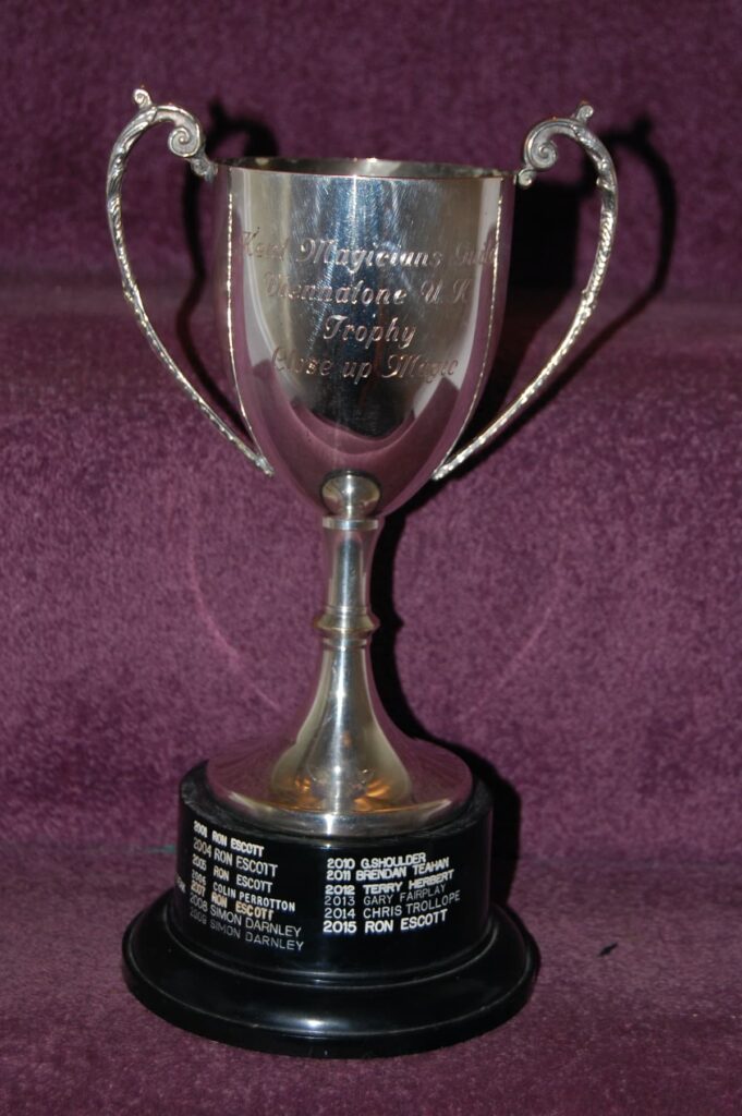 A silver trophy cup with engraved text stands on a dark base displaying a list of winners and years, set against a purple background.