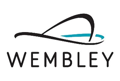 Wembley logo featuring a stylised black arch with a blue accent above the word 