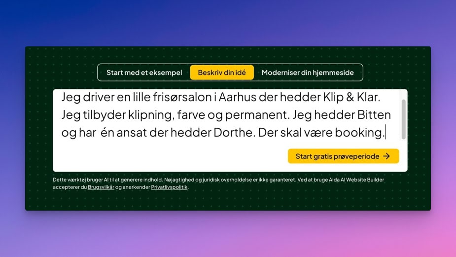 Aida AI beskriv din idé