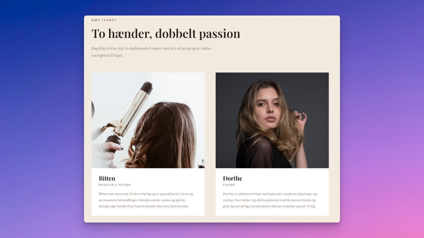 "Mød teamet"-sektion på Klip & Klars side med frisørerne Bitten og Dorthe og deres titler