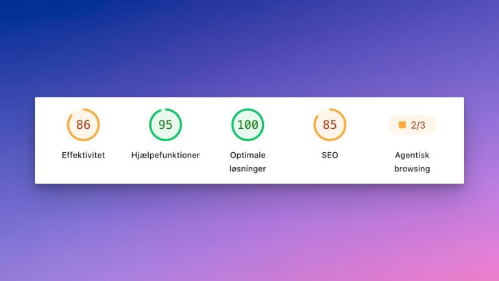 Google PageSpeed Insights-rapport med mobil-score på 86 og Core Web Vitals-ikoner