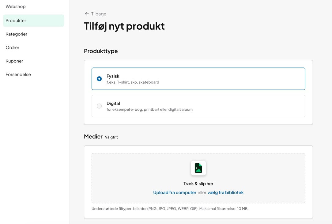 Aidas formular til at tilføje ét nyt produkt ad gangen i Commerce-webshoppen