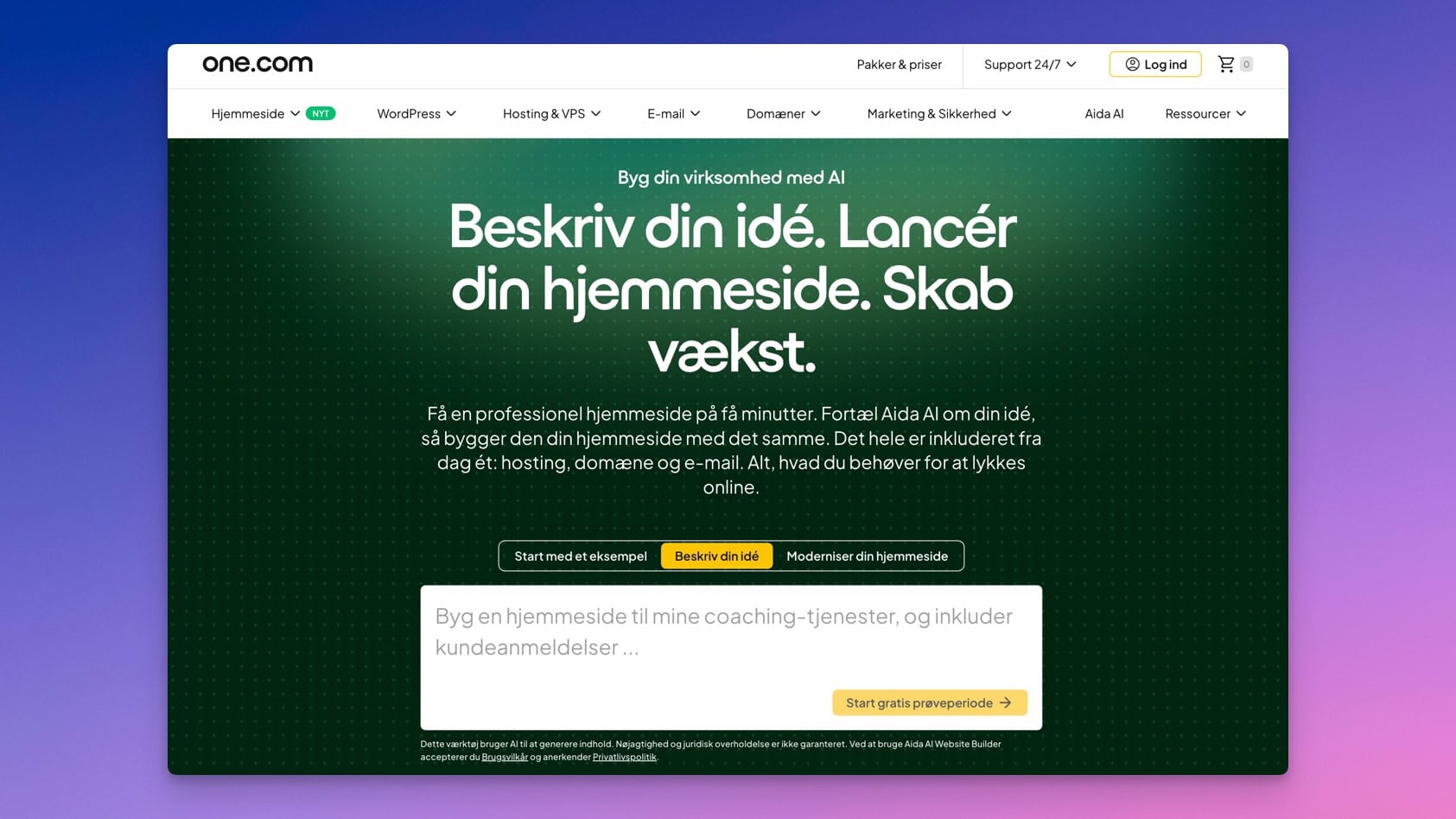 one.com forside med AI input felt