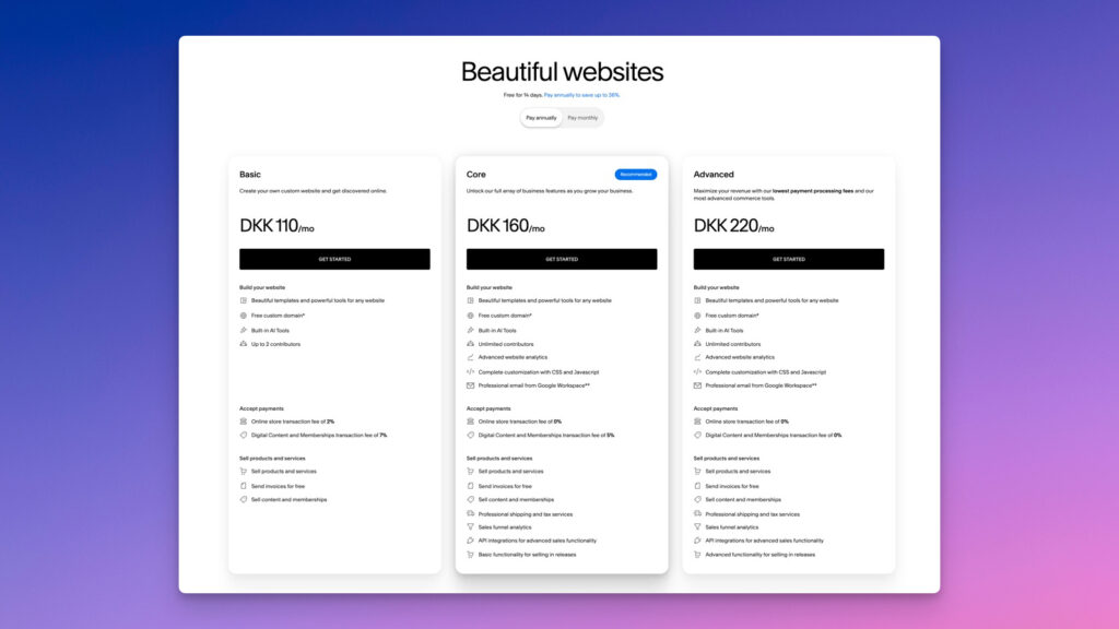 squarespace priser