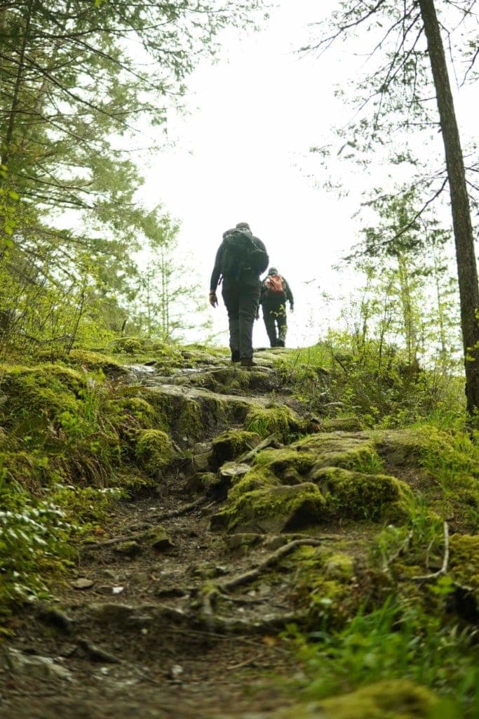 Two people hiking a rocky forest Trail
