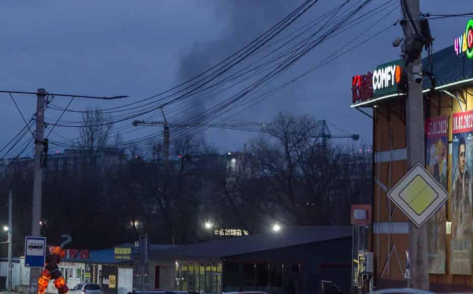 On the horizon smoke comes from the Hostomel airport. About 10 kilometres from Kyiv, Hostomel is a key international cargo airfield and home to the Antonov aircraft company. Kyiv forces re-took control of the airfield after Russian troops tried to seize it. (February 24, 2022)