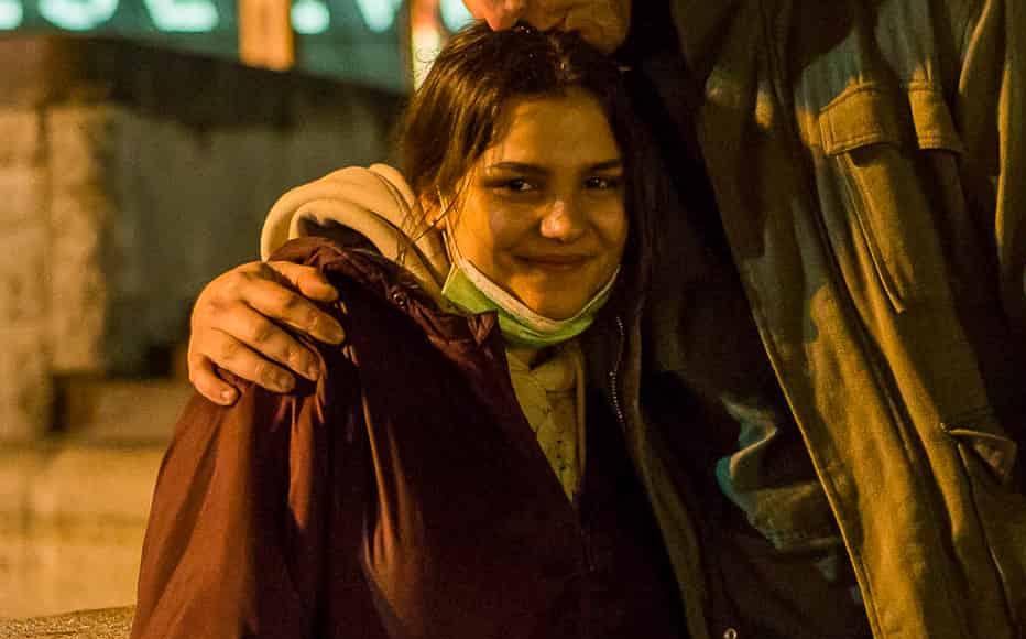 Vasily and Yesenia walk in the deserted centre of Kyiv. “We went out for a walk in the evening. We feel more scared at home." (February 24, 2022)