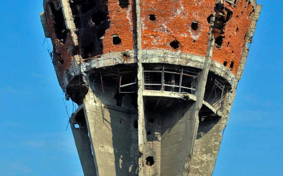 Vukovar water tower and the city itself were largely destroyed by the Yugoslav People's Army (JNA) between August and November 1991.