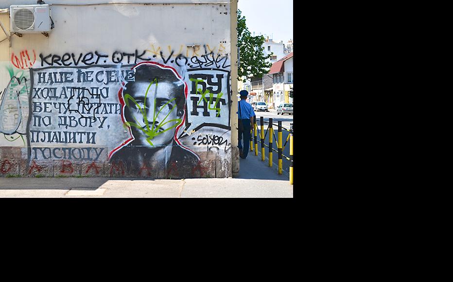 Graffiti image of Gavrilo Princip on a street named after him in Belgrade. (Photo: Benjamin Beasley-Murray)