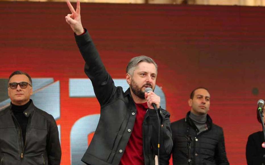 Nika Gvaramia, editor-in-chief of TV Mtavari Arkhi, was sentenced to three and half years in jail on charges of abuse of power while serving as director of Rustavi 2, an independent broadcaster he ran until 2019. He is shown during a protest held in 2017 in support of Rustavi 2, whose ownership was changed by Georgia's the Supreme Court in 2017.