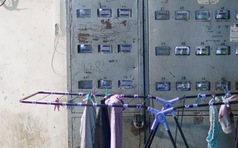 Laundry hanging out to dry in the corridor of the former sanatorium. 