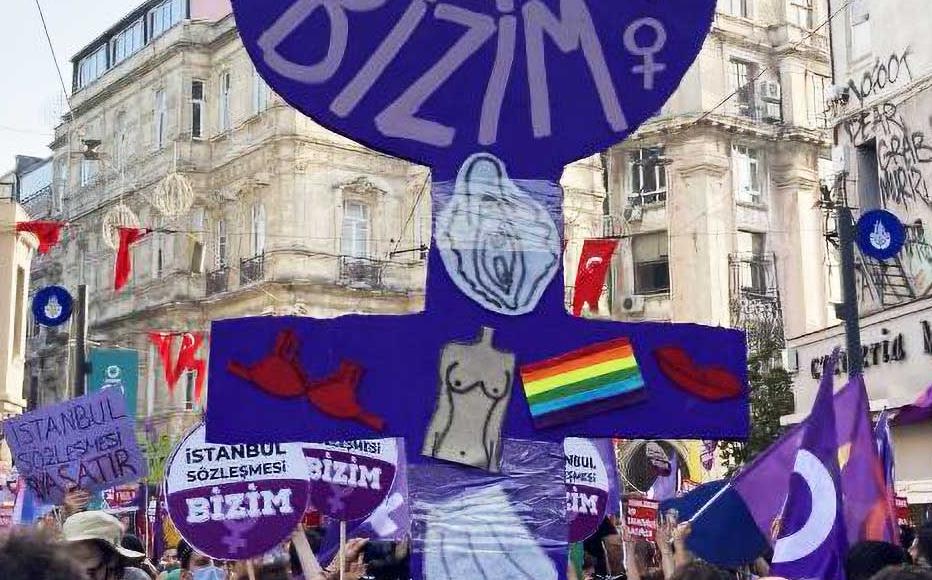 Women protesting against Turkey’s withdrawal from the İstanbul Convention on 2 July 2021.