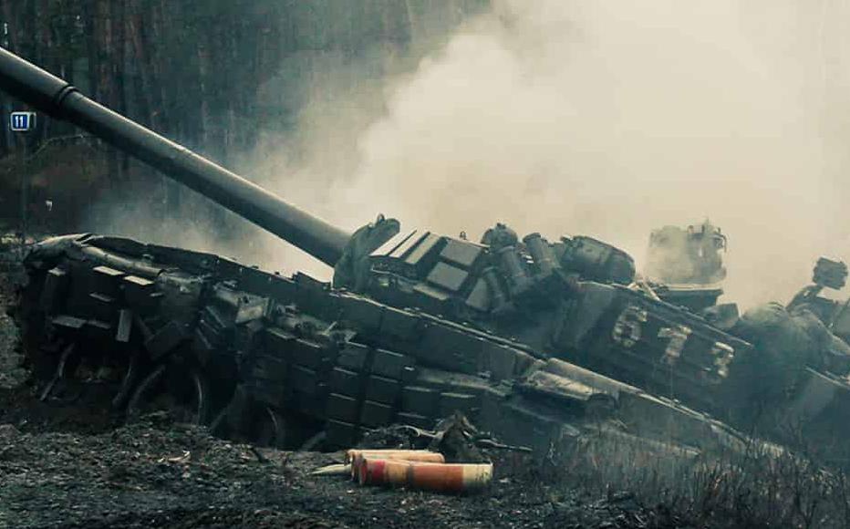 Russian T-72 tank on fire after a clash with the armed forces of Ukraine, Lugansk region.