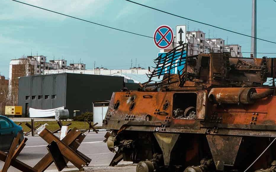 A destroyed Russian tank sits abandoned on tram tracks in south Saltivka. (April 2022)