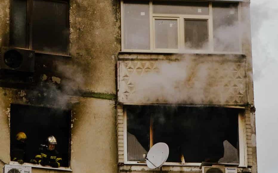 Firefighters tame a fire in an apartment block on. Lesya Serduka streets after rockets were fired on north Saltivka. (April 2022)