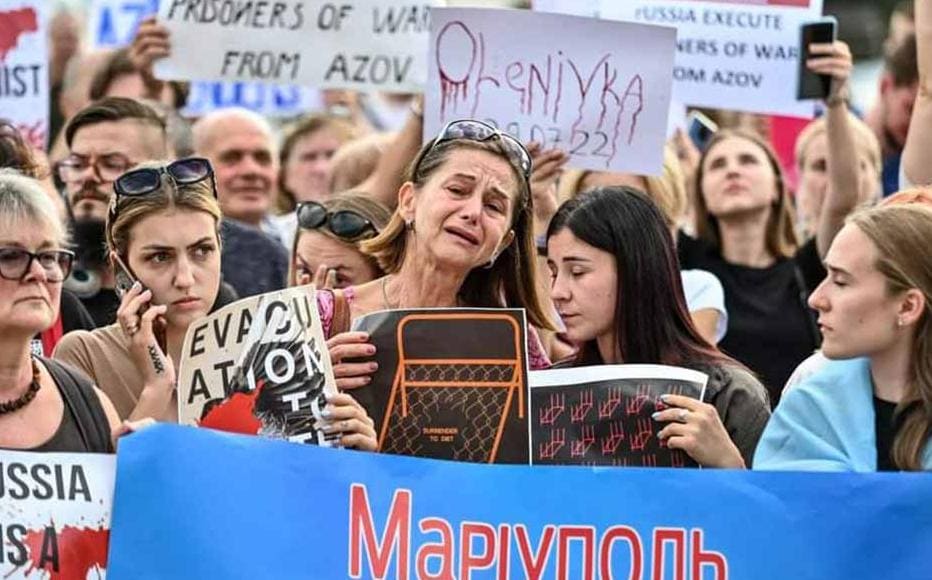 Relatives of prisoners of war call for news about the fate of those believed to be held in the prison colony in Olenivka in Zaporizhia on August 3. There are no official lists of the dead and the wounded and no international humanitarian organisation has been granted access to the facility.