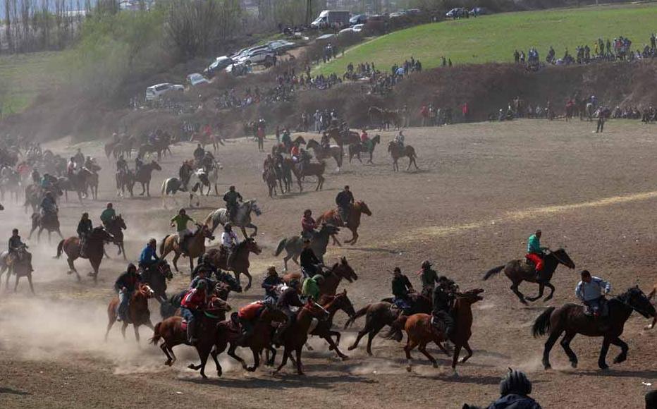 A buzkashi competition in a field in Vahdat, a suburb of Dushanbe. In Tajikistan’s traditional equestrian sport, common also in Afghanistan, men on horseback take the carcass of a dead goat from each other and throw it into a goal.