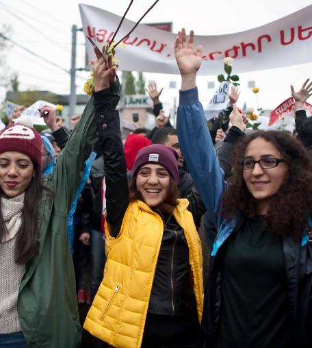 Female protesters in Yerevan, Armenia.