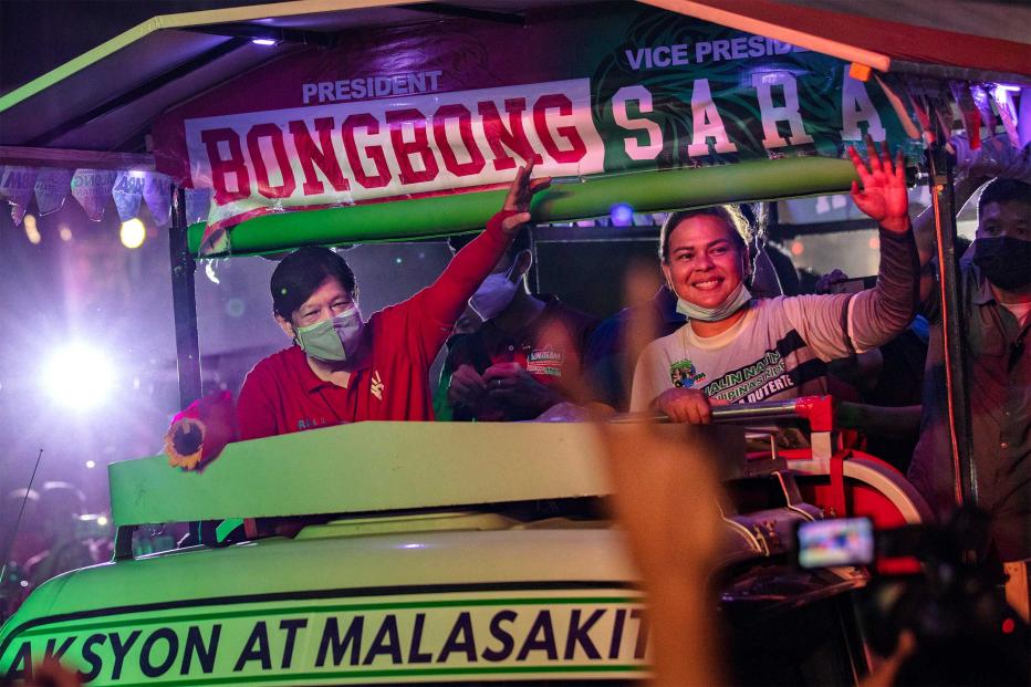 Ferdinand Marcos Jr., the son of the late dictator Ferdinand Marcos, and Davao city Mayor Sara Duterte, daughter of President Rodrigo Duterte, take part in a rally as they campaign for the presidency and the vice presidency on February 19, 2022 in Caloocan, Metro Manila, Philippines.