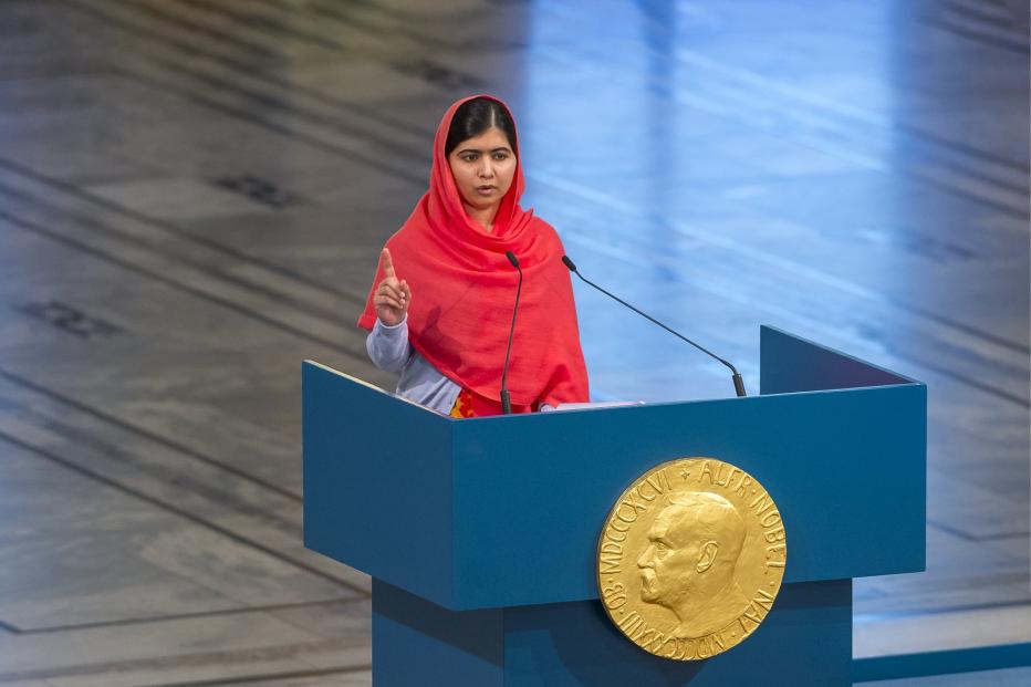 Malala Yousafzai delivers her acceptance speech during the Nobel Peace Prize ceremony at Oslo City Town Hall on December 10, 2014 in Oslo, Norway.