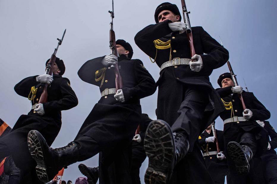 Soldiers march on the first anniversary of the signing of the decree on the annexation of the Crimea by the Russian Federation, on March 18, 2015 in Sevastopol, Crimea.