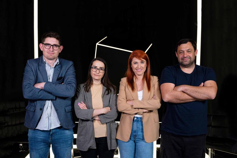 The reporters of Black Box, (l to r) Stefan Bejan, Stela Mihailovici, Mariana Rata and Ilie Gulca, the investigative journalism programme of Moldova's independent television channel TV8, tracked tangled routes for money flowing to offshore companies from Moldova.