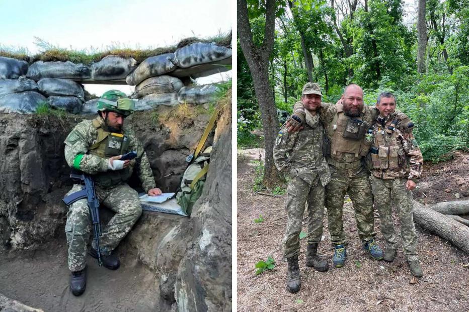 (L) Fedir Sandor, head of the sociology faculty at Uzhhorod University, enlisted in the Ukrainian military and he still conducts virtual lectures from the trenches. (R) Fedir Shandor (centre) with his army friends.