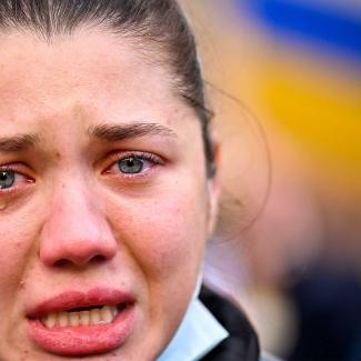 A Ukrainian woman demonstrating in Whitehall outside of Downing Street, the residence of the UK Prime Minister Boris Johnson, on February 25, 2022 in London, UK.