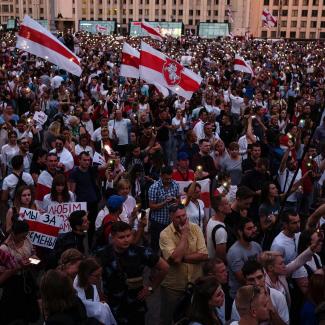 Demonstrators participate in an anti-Lukashenko rally on August 18, 2020 in Minsk, Belarus.