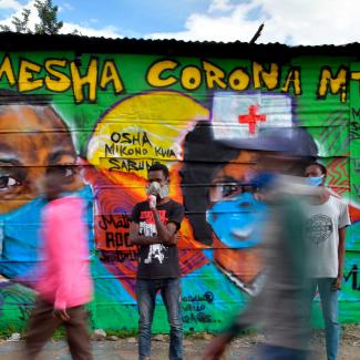A mural advocating safety practices to curb the spread of Covid-19. April 29, 2020, Nairobi. A mural advocating safety practices to curb the spread of Covid-19. April 29, 2020, Nairobi.