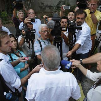 Elizardo Sanchez, head of the banned but tolerated Cuban National Human Rights Commission, talks with journalists after meeting with Assistant Secretary of State for Western Hemisphere Affairs Roberta Jacobson at the Residence of the Chief of Mission of the U.S. Interests Section January 23, 2015 in Havana, Cuba.