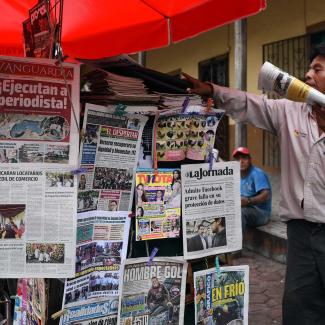 A newspaper with a cover headline referring to Mexican journalist Leobardo Vázquez Atzin who was gunned down on March 21 2018 in a state plagued by drug cartel violence. A newspaper with a cover headline referring to Mexican journalist Leobardo Vázquez Atzin who was gunned down on March 21 2018 in a state plagued by drug cartel violence.