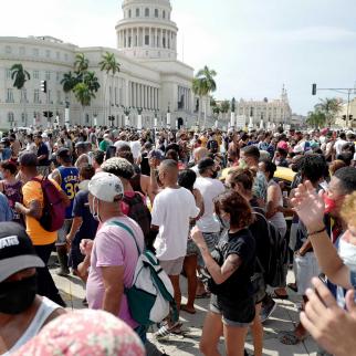 People take part in a demonstration against the government of Cuban President Miguel Diaz-Canel in Havana, on July 11, 2021.