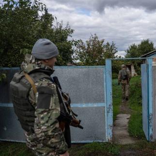 National guard special operations soldiers checks for anti-personnel mines and booby traps in a building previously used as a residence by the head of Russian occupying forces in Kharkiv oblast, Ukraine. 