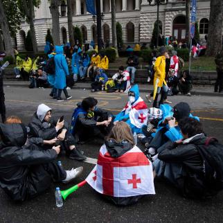 People gather during a protest against the foreign agents law on May 13, 2024 in Tbilisi, Georgia.
