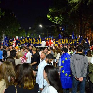 Pros Europe demonstration in Tbilisi, Georgia, 28 April 2024. A banner reads "Yes to Europe, No to Russian Law".