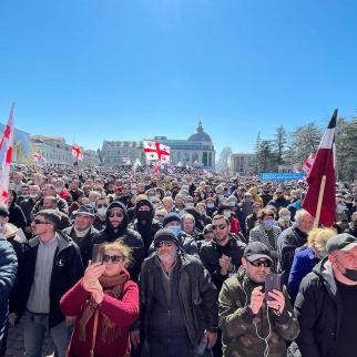 Protestors gather in Kutaisi for another rally against the Namakhvani hydropower plant.