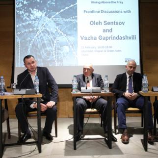 From left to right, moderator Temur Kiguradze, Oleg Sentsov, Vazha Gaprindashvili, Giorgi Dgebuadze, and Levan Asatiani. (Photo: Davit Mdzdinarishvili)