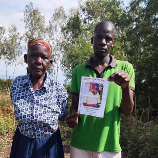 Susan Auma and Robert Adongo, Peter Otieno’s mother and brother, hold his funeral pamphlet. Otieno died from injuries allegedly inflicted by police during protests in Kondele, Kisumu County, on July 12, 2023.