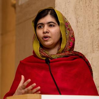 Malala Yousafzai gives a speech at an event at Barber Institute of Fine Art, November 2015 in Birmingham, England.