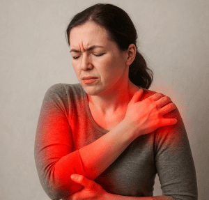 A photograph of a woman in her 30s with fibromyalgia, showing discomfort. Red markings highlight areas of pain on her body. She has a pained expression, and the background is soft and neutral. The