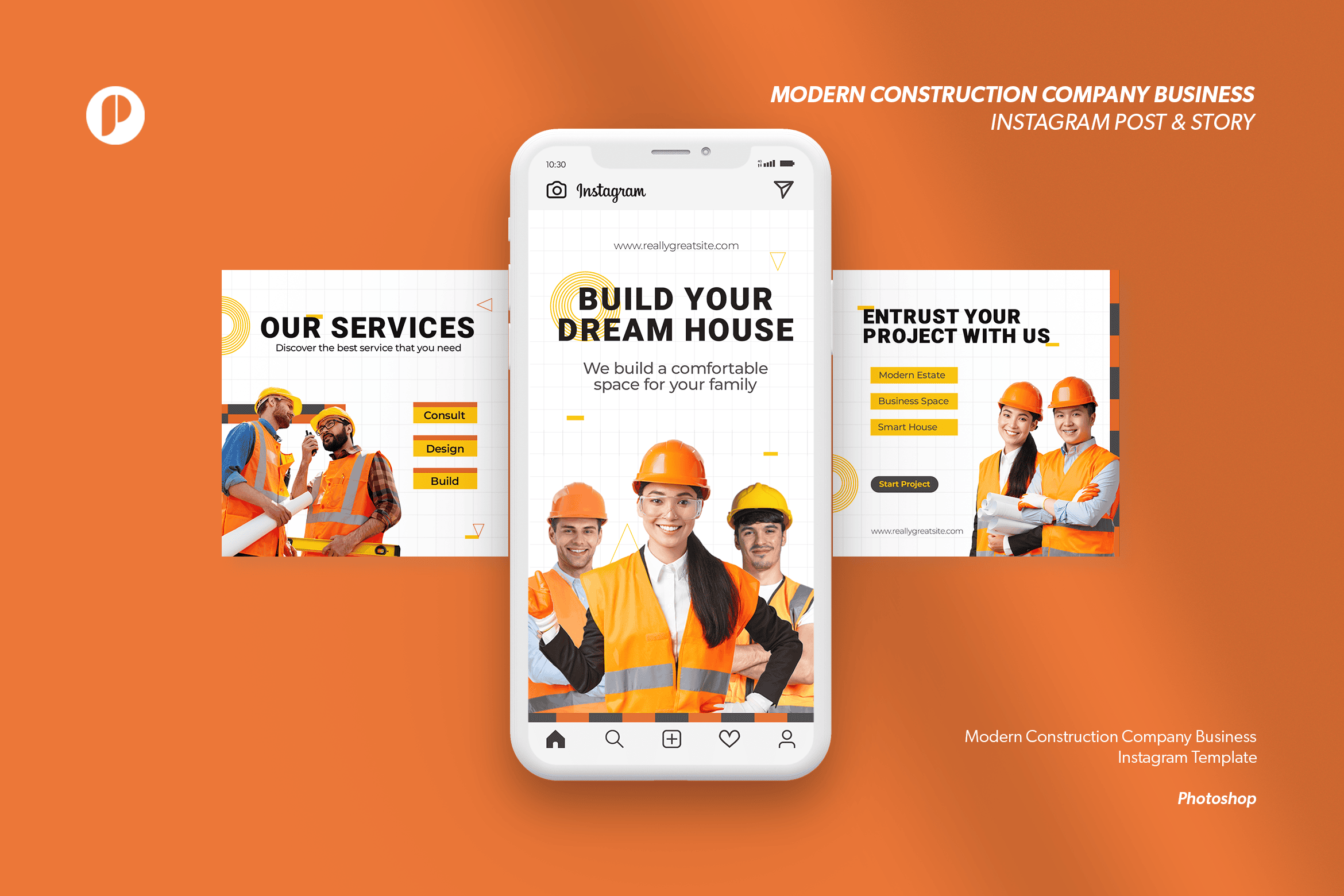 White and Orange Modern Construction Business Instagram Template