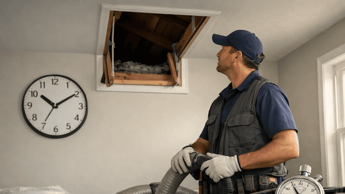 technician checking attic ventilation and roof shingles for leaks