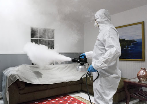 restoration professional in a protective suit sanitizing a home interior
