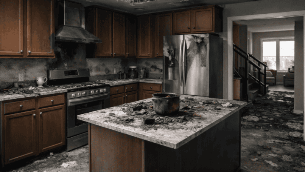 Fire-damaged home interior with smoke and soot in McKinney, TX