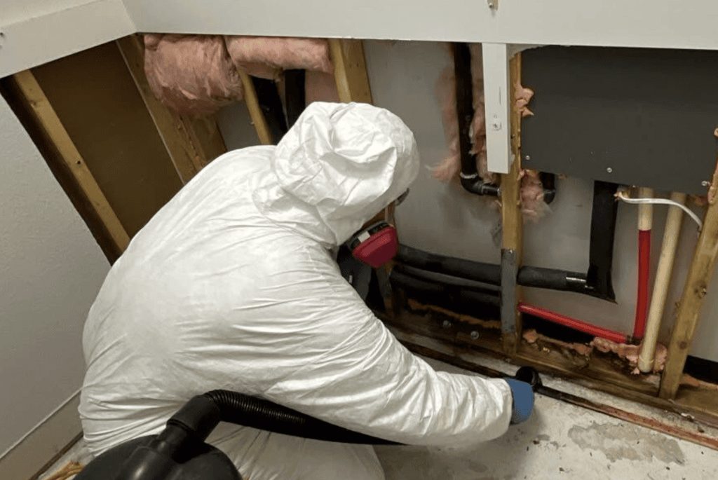Technician cleaning an open wall cavity during mold remediation