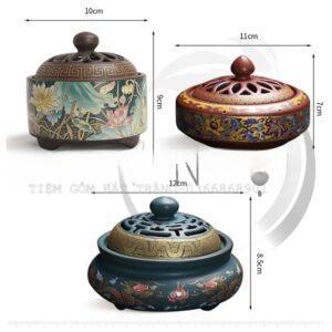 Lư Xông Trầm Hương Đỉnh Đốt Nhang Bằng Gốm Sứ Cao Cấp Có Hoa Văn Chạm Khắc